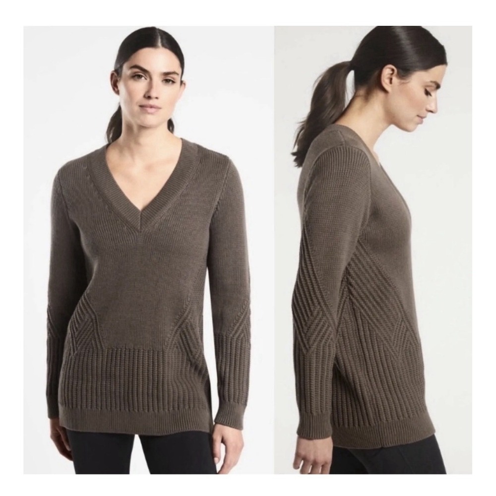 Athleta Womens Teton V-Neck Sweater XL Hunter‎ Green Brown Cotton Ribbed Knit